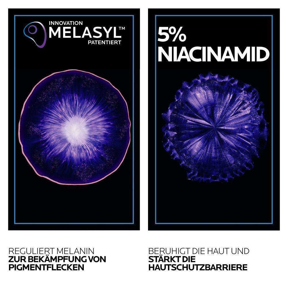 Zwei Grafiken. Links: Melasyl-Logo. Rechts: 5% Niacinamid. Text: Reguliert Melanin zur Bekämpfung von Pigmentflecken. Beruhigt die Haut und stärkt die Hautschutzbarriere.