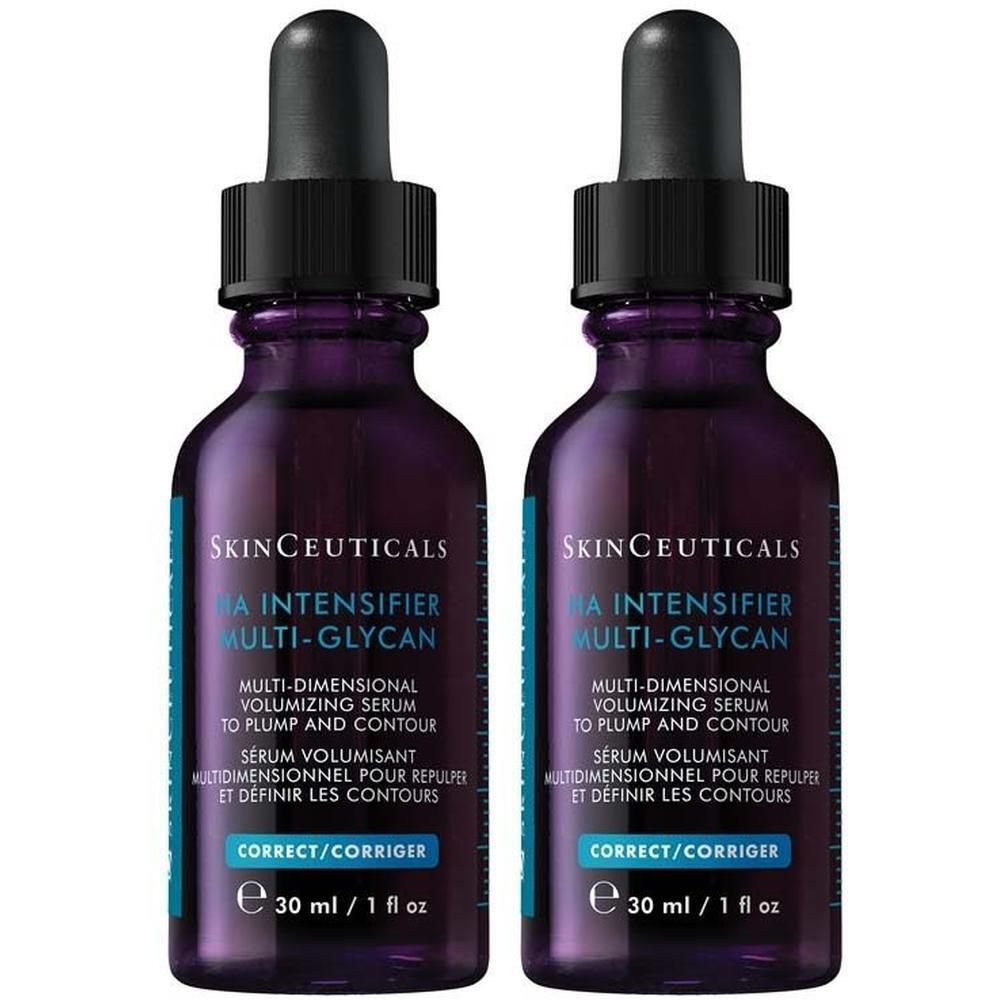 Zwei Flaschen SKINCEUTICALS H.A. Intensifier Multi-Glycan Serum. Lila Glasflaschen mit schwarzer Pipette. Text: H.A. Intensifier Multi-Glycan.