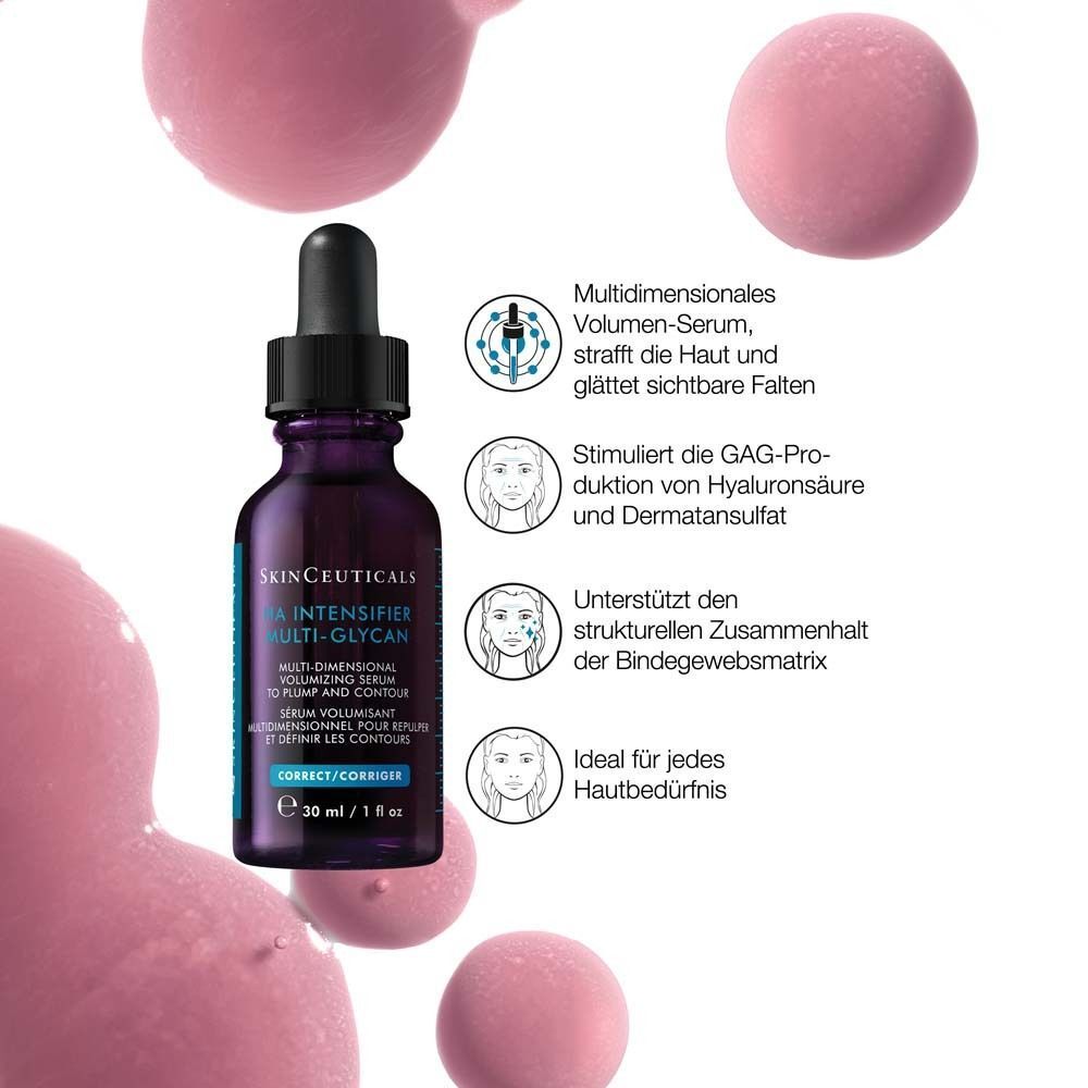 SKINCEUTICALS H.A. Intensifier Multi-Glycan Serum-Flasche mit Pipette. Rosa Kugeln im Hintergrund. Text: H.A. Intensifier Multi-Glycan.