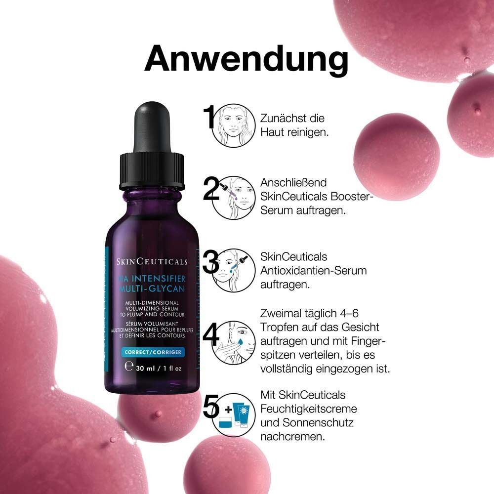 Anwendung des SKINCEUTICALS H.A. Intensifier Multi-Glycan Serums. Schritte 1-5 mit Illustrationen. Text: H.A. Intensifier Multi-Glycan.