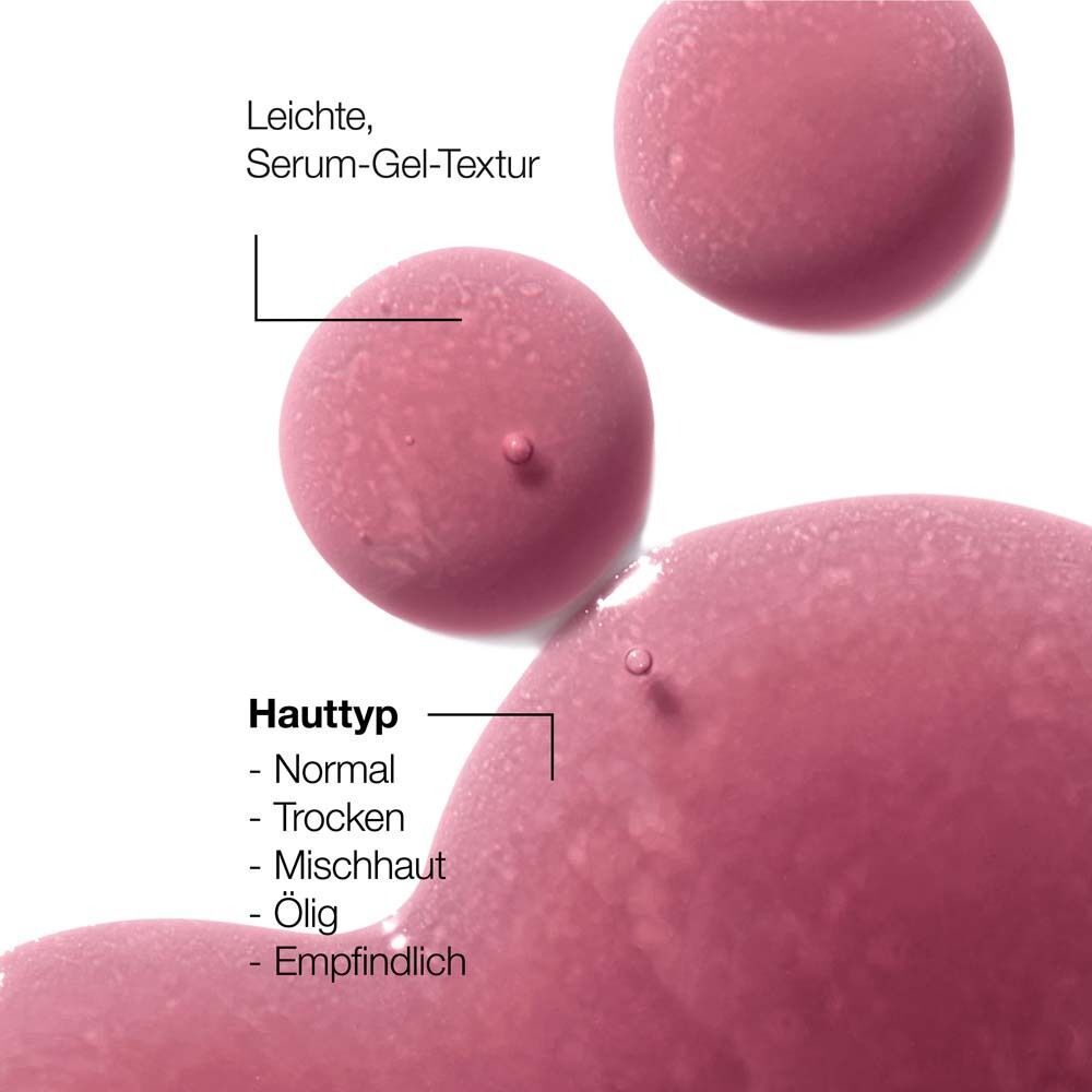 Hauttypen-Anzeige. Text: Normal, Trocken, Mischhaut, Ölig, Empfindlich. Rosa Flüssigkeit mit Serum-Gel-Textur.