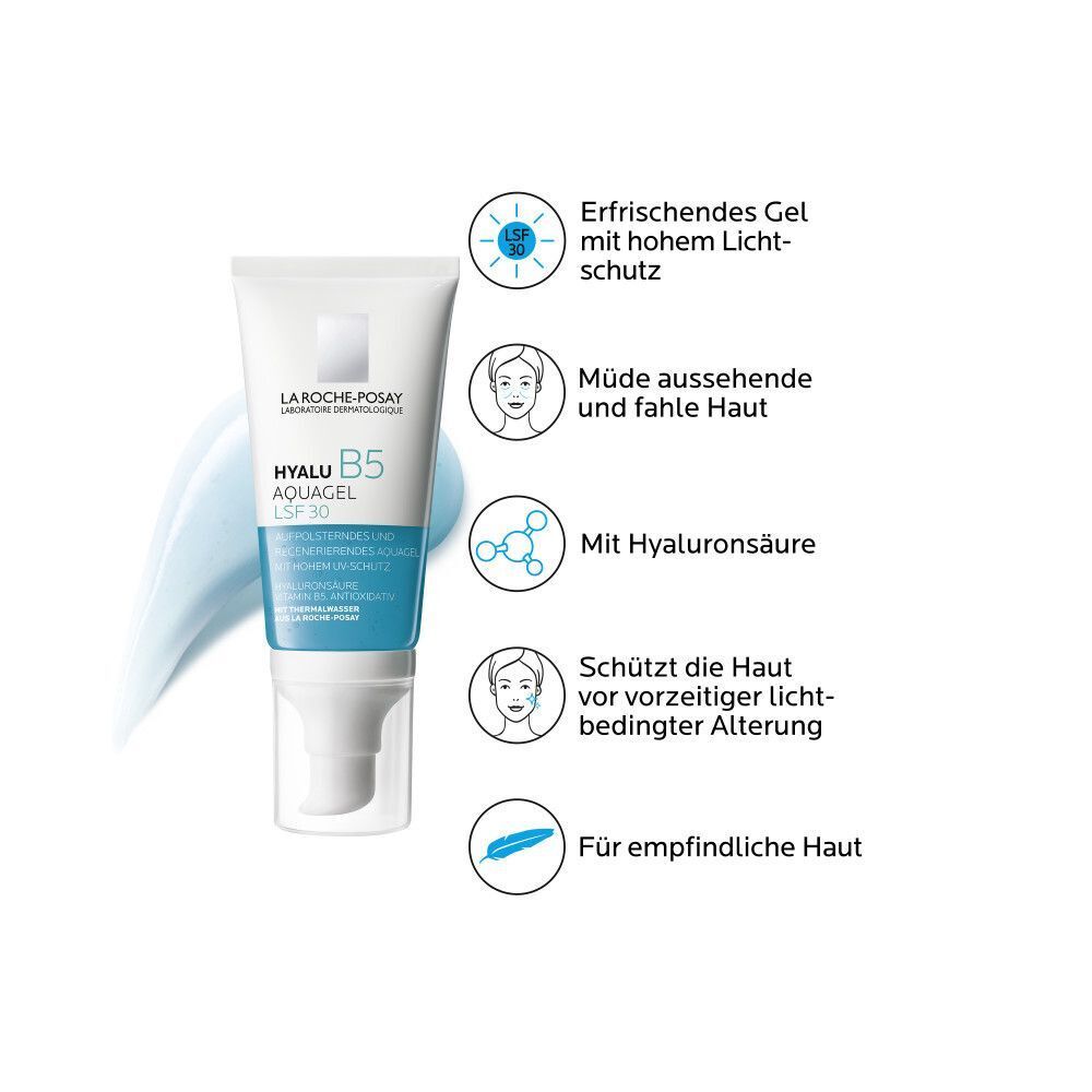 La Roche-Posay Hyalu B5 Aquagel LSF 30. Tube mit Text und Illustrationen. Enthält Hyaluronsäure. Für empfindliche Haut.