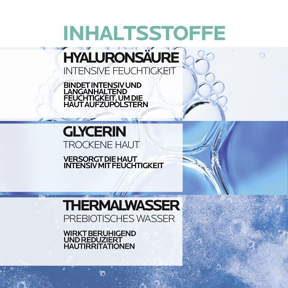 Inhaltsstoffe: Hyaluronsäure, Glycerin, Thermalwasser. Text in deutscher Sprache. Wasser-Hintergrund.