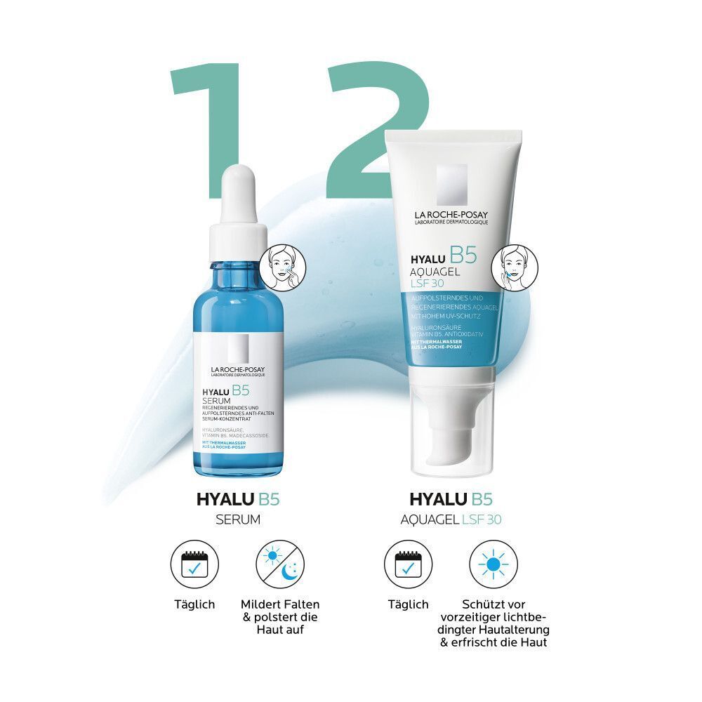 Hyalu B5 Serum und Aquagel LSF 30. Serum und Creme nebeneinander. Tägliche Anwendung. Mildert Falten.