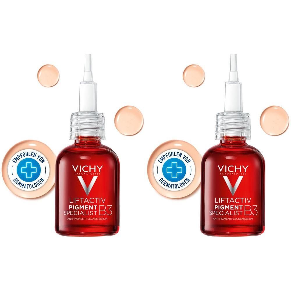 Zwei Flaschen Serum mit roter Verpackung. Aufschrift: VICHY LIFTACTIV Specialist B3. Empfohlen von Dermatologen.