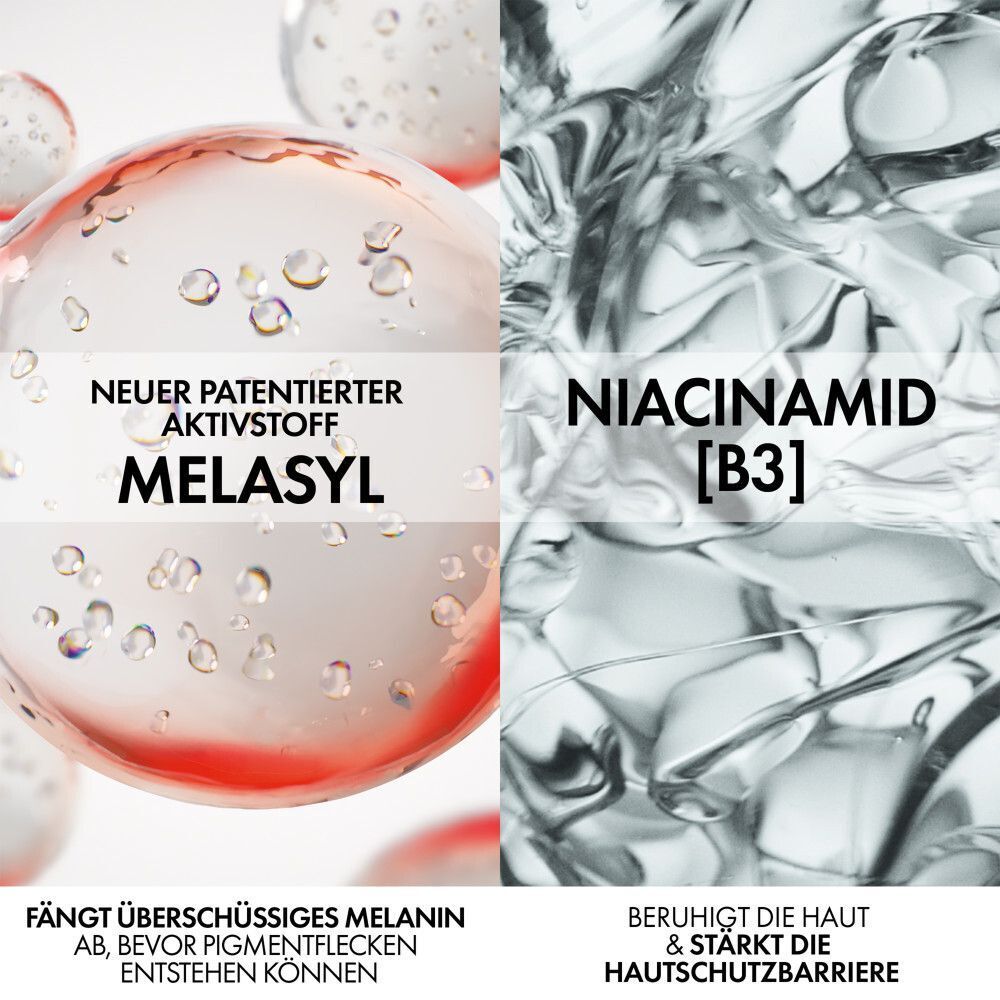 Grafik mit zwei Bereichen: Melasyl und Niacinamid [B3]. Text: Fängt überschüssiges Melanin ab. Beruhigt die Haut & stärkt die Hautschutzbarriere.