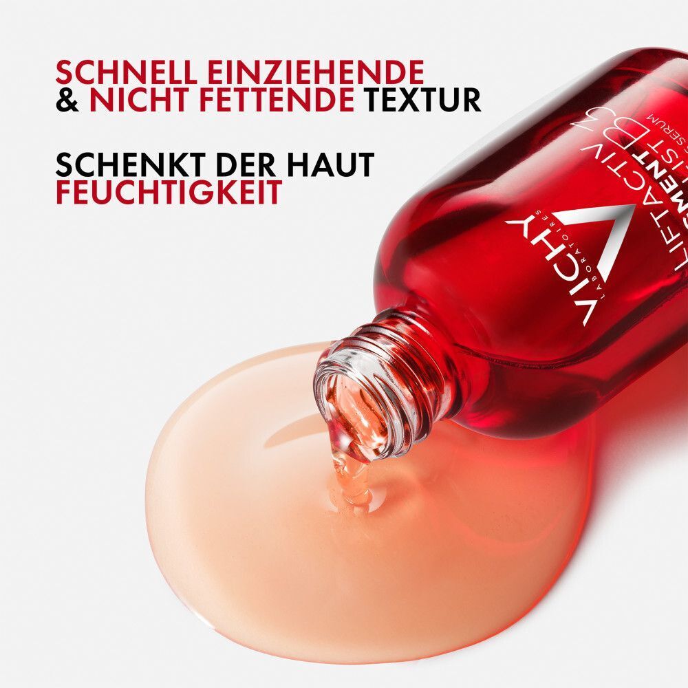 Serum wird aus einer Flasche gegossen. Text: Schnell einziehende & nicht fettende Textur. Schenkt der Haut Feuchtigkeit.
