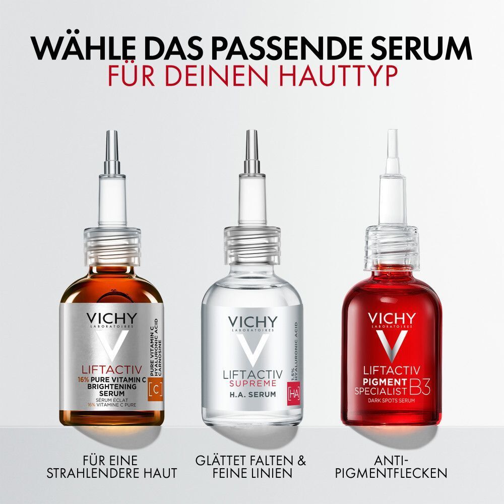 Drei Serumflaschen: Vitamin C, H.A. Serum, Anti-Pigmentflecken. Text: Wähle das passende Serum für deinen Hauttyp.