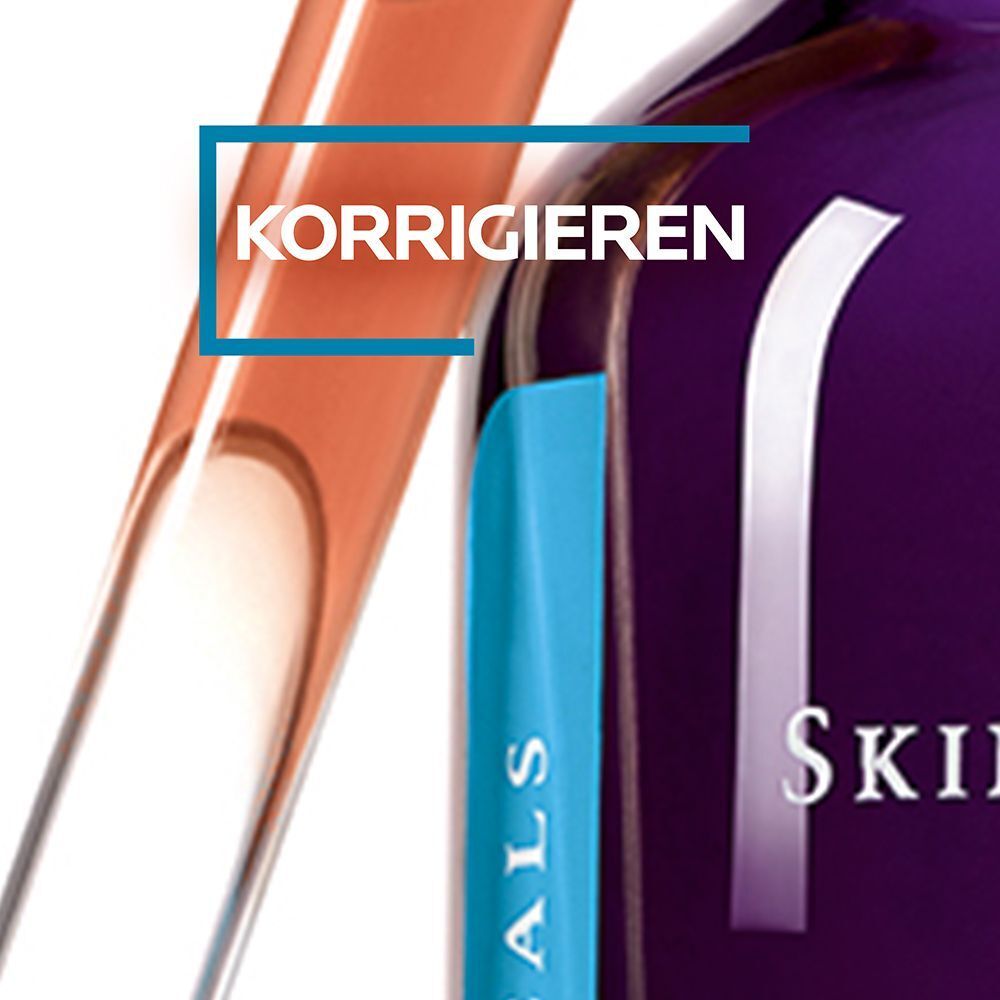 Nahaufnahme einer braunen Flasche mit Pipette. Text: KORRIGIEREN. Teil eines blauen Etiketts.
