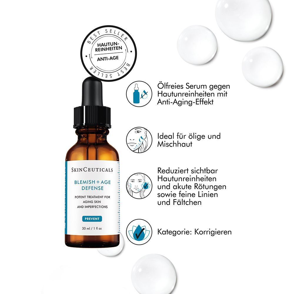 Braune Flasche mit Pipette, Text: Blemish + Age Defense. Aufkleber: Best Seller, Anti-Age. Text und Tropfen.