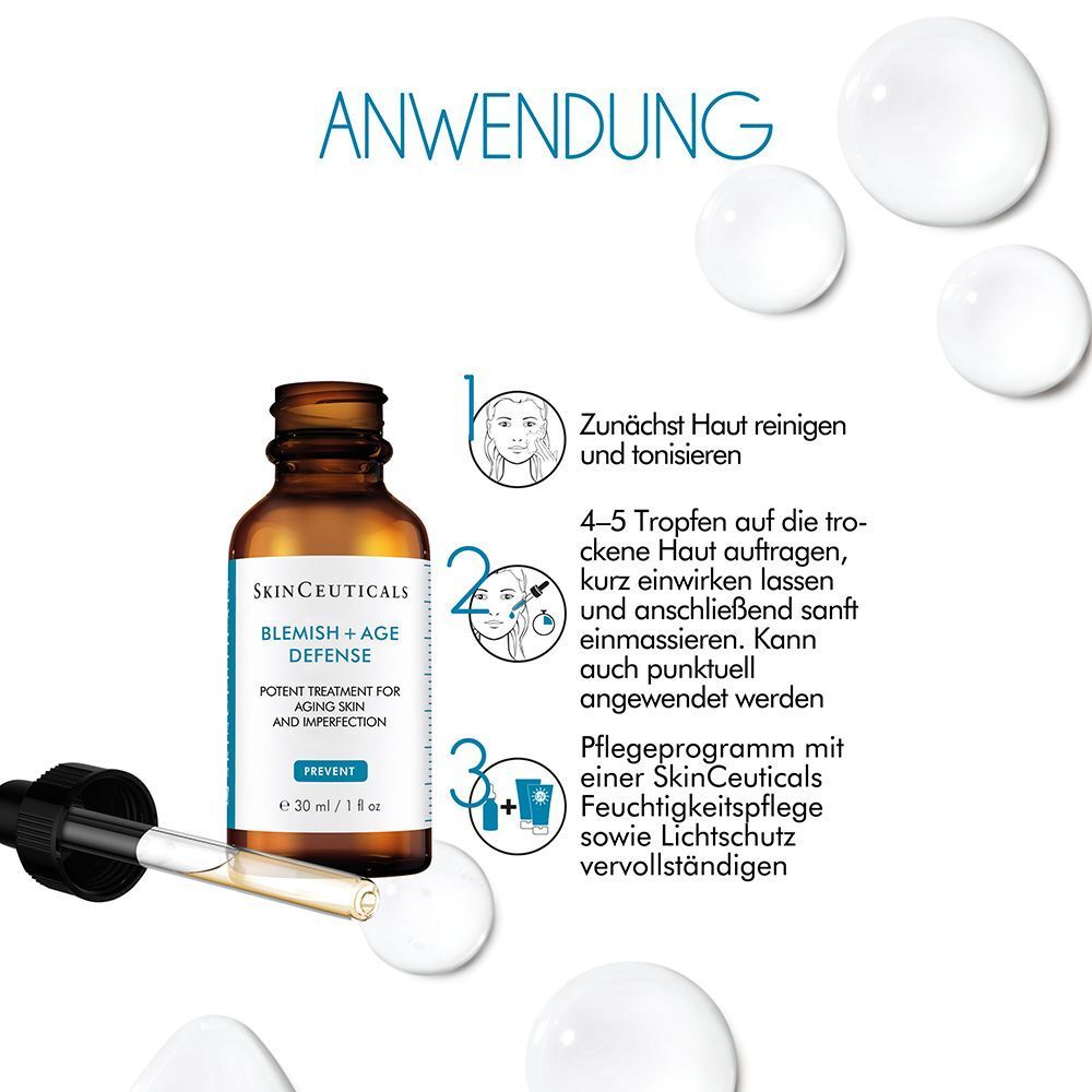 Braune Flasche mit Pipette und Anwendungsanleitung. Text: Blemish + Age Defense. 3 Schritte zur Anwendung.