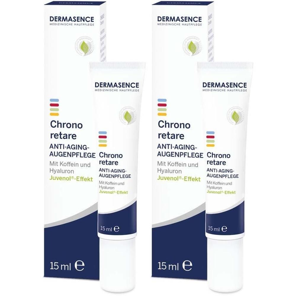 Zwei Tuben und Verpackungen von DERMASENCE Chrono retare Anti-Aging-Augenpflege. Weiße Tuben mit blauer Schrift und Verpackungen.