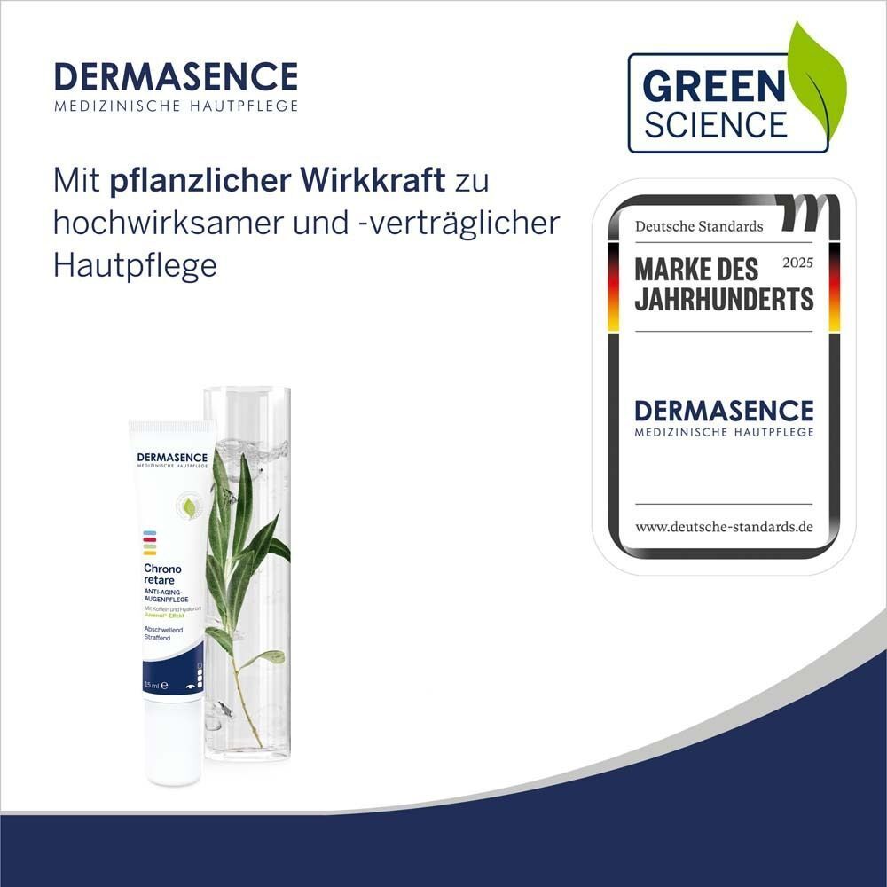 DERMASENCE Chrono retare Anti-Aging-Augenpflege-Tube neben einer Glasflasche mit Pflanze. Logo 'Marke des Jahrhunderts'.