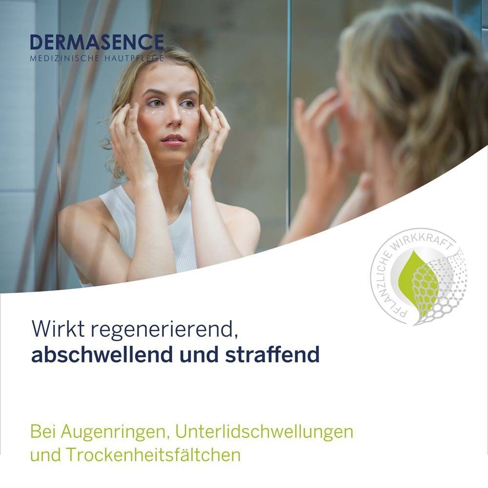 Frau betrachtet sich im Spiegel. Text: Wirkt regenerierend, abschwellend und straffend. Bei Augenringen, Unterlidschwellungen und Trockenheitsfältchen.