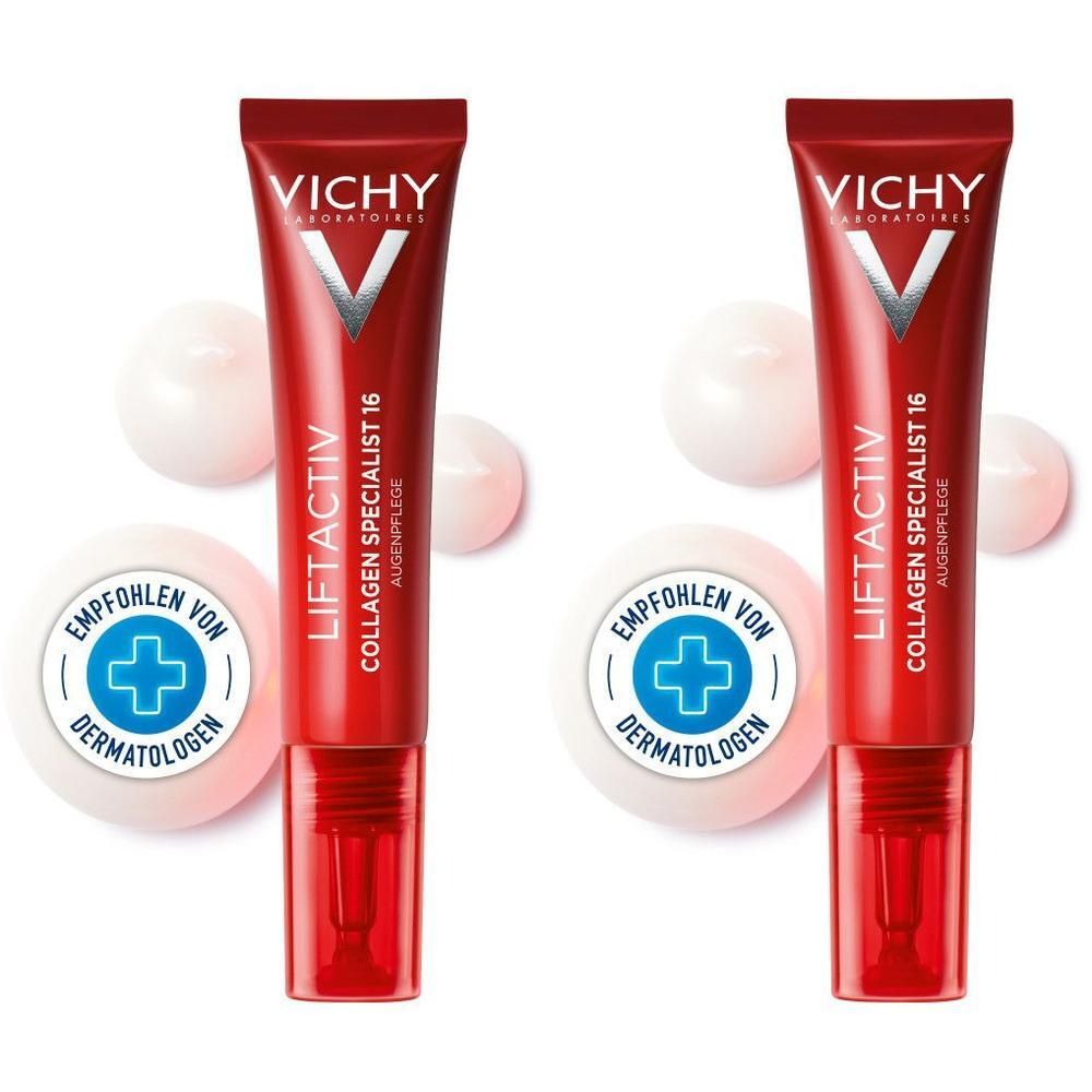 Zwei rote Tuben mit Augencreme. Auf jeder Tube steht "VICHY LIFTACTIV Collagen Specialist 16". Daneben zwei runde Gebilde.