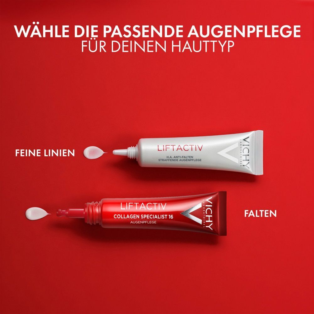 Zwei Tuben Augenpflege. Text: "WÄHLE DIE PASSENDE AUGENPFLEGE FÜR DEINEN HAUTTYP".