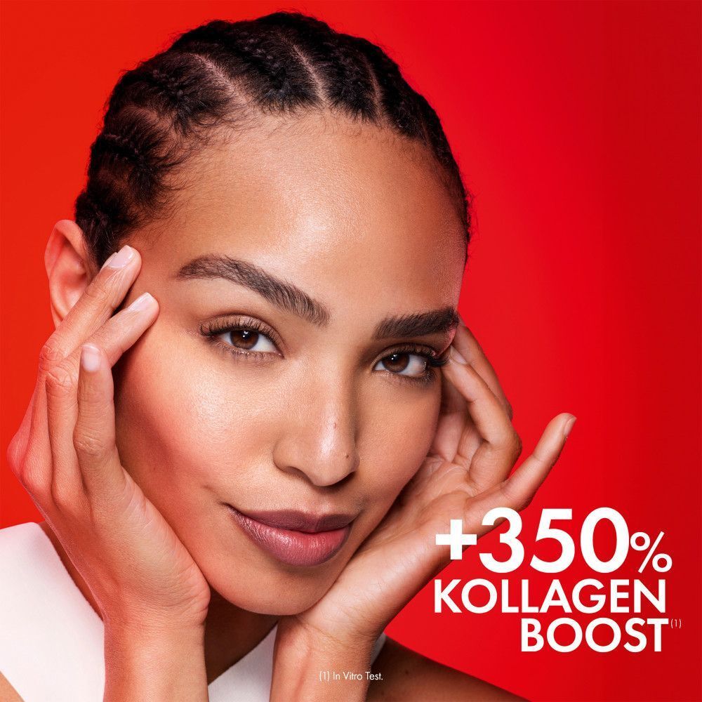 Porträt einer Frau. Text: "+350% KOLLAGEN BOOST".