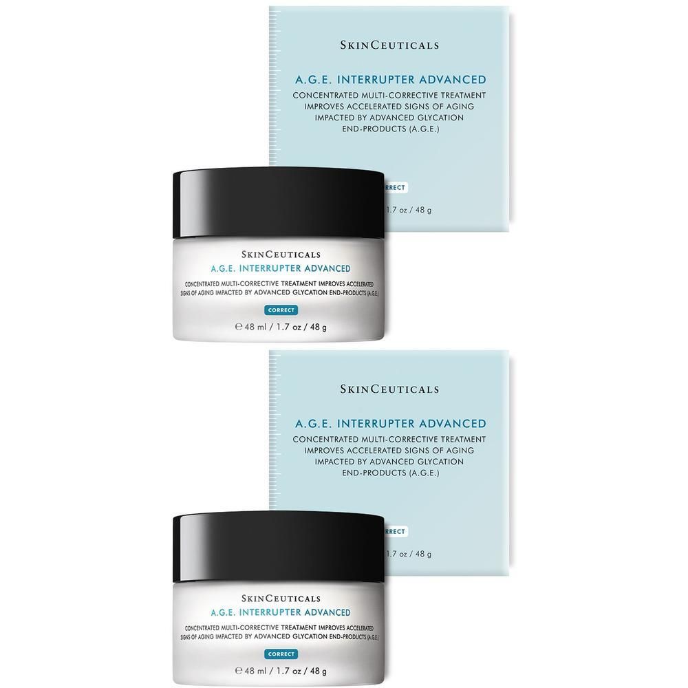 Zwei Tiegel Creme mit blauen Verpackungen. Aufschrift: SKINCEUTICALS A.G.E. Interrupter Advanced Creme.