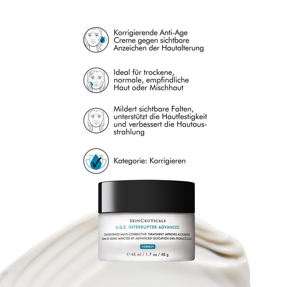 Creme-Tiegel mit Text. Text: Korrigierende Anti-Age Creme. Ideal für trockene, normale, empfindliche Haut. Kategorie: Korrigieren.