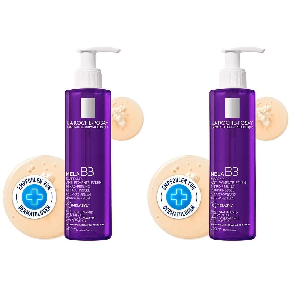 Zwei Flaschen ROCHE-POSAY MELA B3 Reinigung Gel. Lila Flaschen mit weißem Pumpverschluss. Aufkleber mit Produktinformationen.
