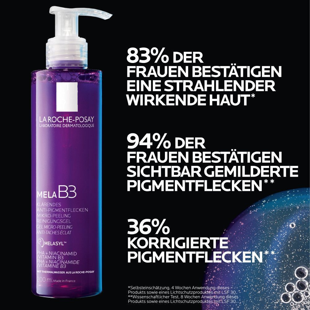 ROCHE-POSAY MELA B3 Reinigung Gel. Text mit Prozentangaben zu Hautverbesserungen. Lila Flasche mit weißem Pumpverschluss.