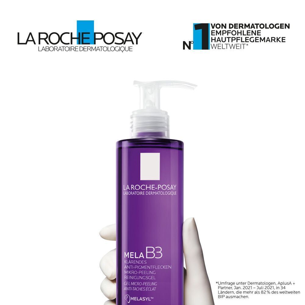 ROCHE-POSAY MELA B3 Reinigung Gel. Lila Flasche mit weißem Pumpverschluss. Logo und Text: Von Dermatologen empfohlen.