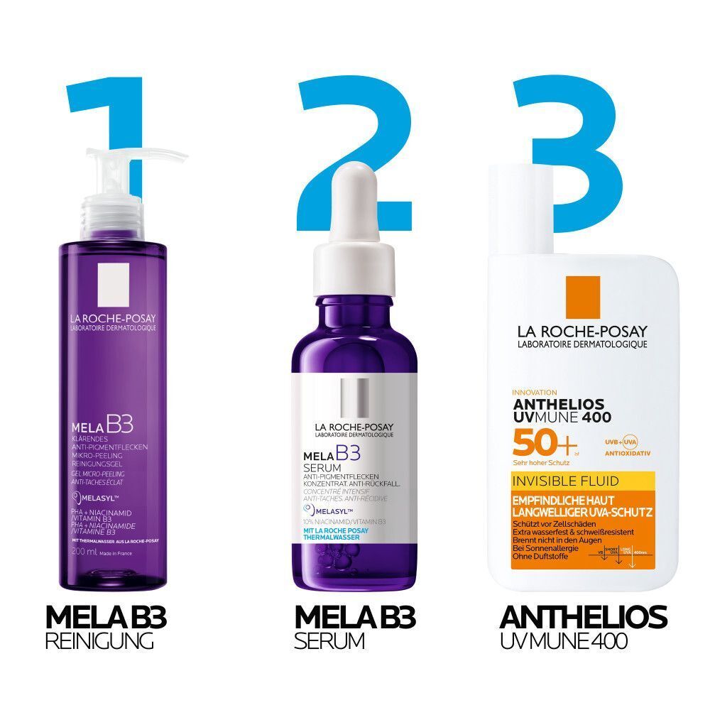 Drei Produkte: ROCHE-POSAY MELA B3 Reinigung, Serum und Anthelios UVmune 400. Alle in lila und weiß gehalten.