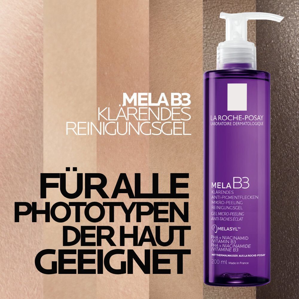 ROCHE-POSAY MELA B3 Reinigung Gel. Lila Flasche mit weißem Pumpverschluss. Text: Für alle Phototypen der Haut geeignet.