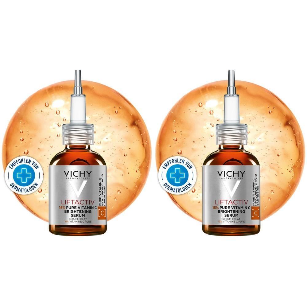 Zwei Flaschen VICHY LIFTACTIV Vitamin C Serum. Braune Glasflaschen mit Pipette. Aufschrift: 15% Pure Vitamin C.