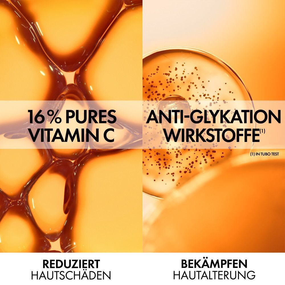 Aufteilung in zwei Bereiche. Links: 16% Pures Vitamin C. Rechts: Anti-Glykation Wirkstoffe. Text: Reduziert Hautschäden, Bekämpfen Hautalterung.