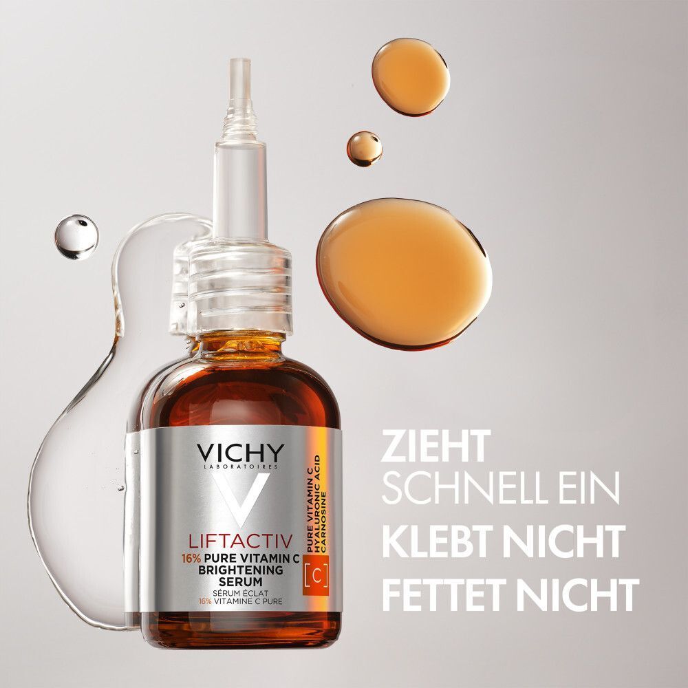 Flasche VICHY LIFTACTIV Vitamin C Serum. Text: Zieht schnell ein, klebt nicht, fettet nicht. Tropfen.