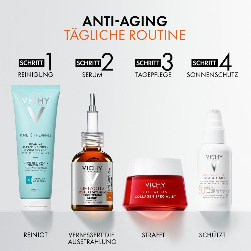 Tägliche Anti-Aging-Routine. Produkte: Reinigung, Serum, Tagespflege, Sonnenschutz. VICHY Produkte.