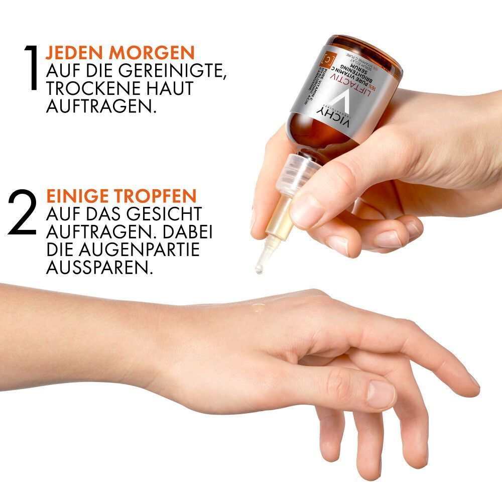 Hände tragen Serum auf. Text: Auf gereinigte, trockene Haut auftragen. Einige Tropfen auf das Gesicht auftragen.