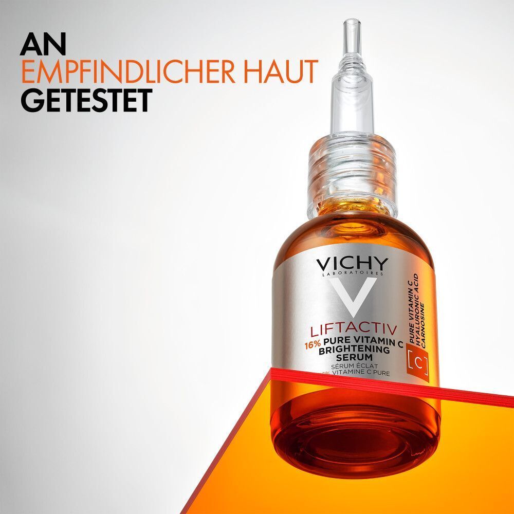 Flasche VICHY LIFTACTIV Vitamin C Serum. Text: An empfindlicher Haut getestet. Roter Streifen.