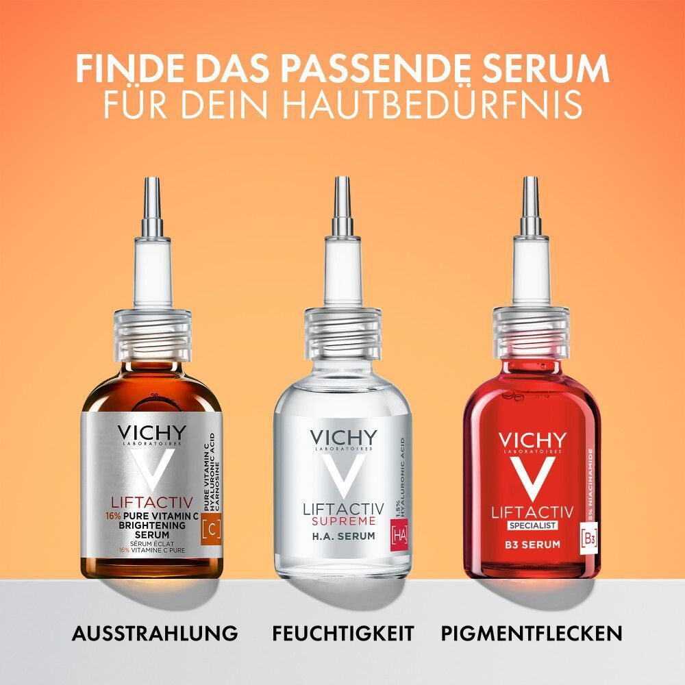 Drei Serumflaschen. VICHY LIFTACTIV Vitamin C Serum, VICHY Supreme HA Serum, VICHY Liftactiv B3 Serum.