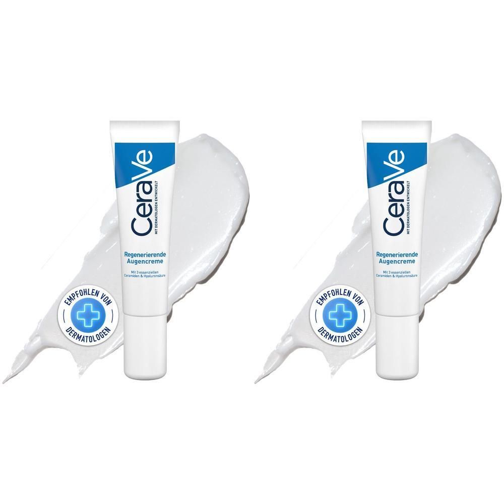 Zwei Tuben CeraVe Augencreme, weiß-blaues Design, auf weißem Creme-Hintergrund. Empfohlen von Dermatologen.