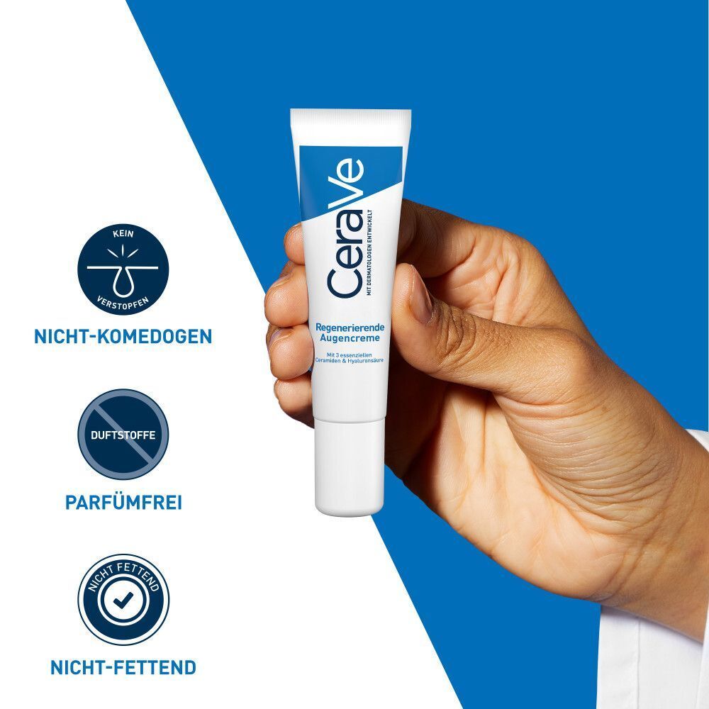 CeraVe Augencreme-Tube in Hand. Nicht-komedogen, parfümfrei, nicht fettend. Blaue und weiße Farbgebung.