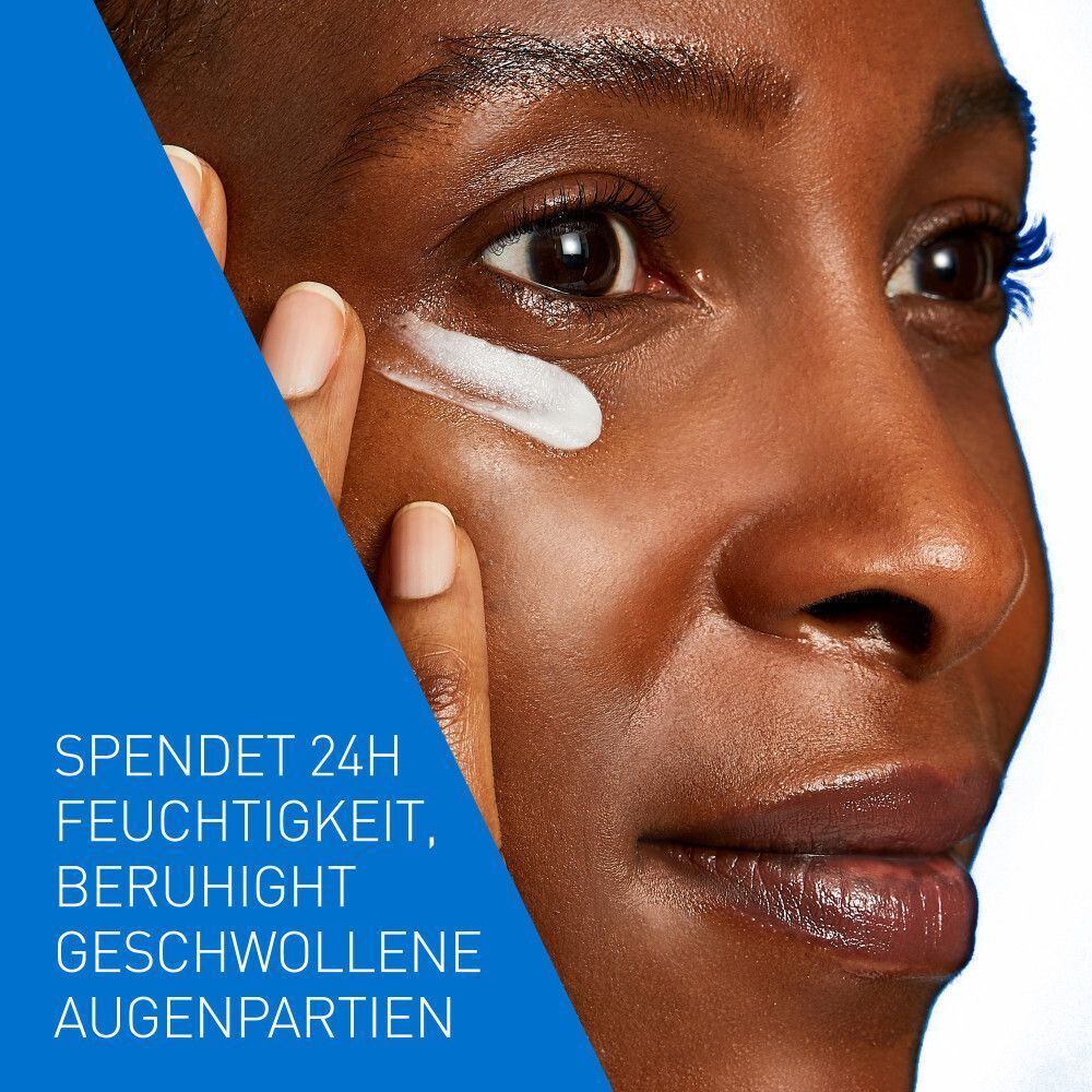 Frau trägt Creme unter den Augen auf. Text: Spendet 24h Feuchtigkeit, beruhigt geschwollene Augenpartien. Blau.