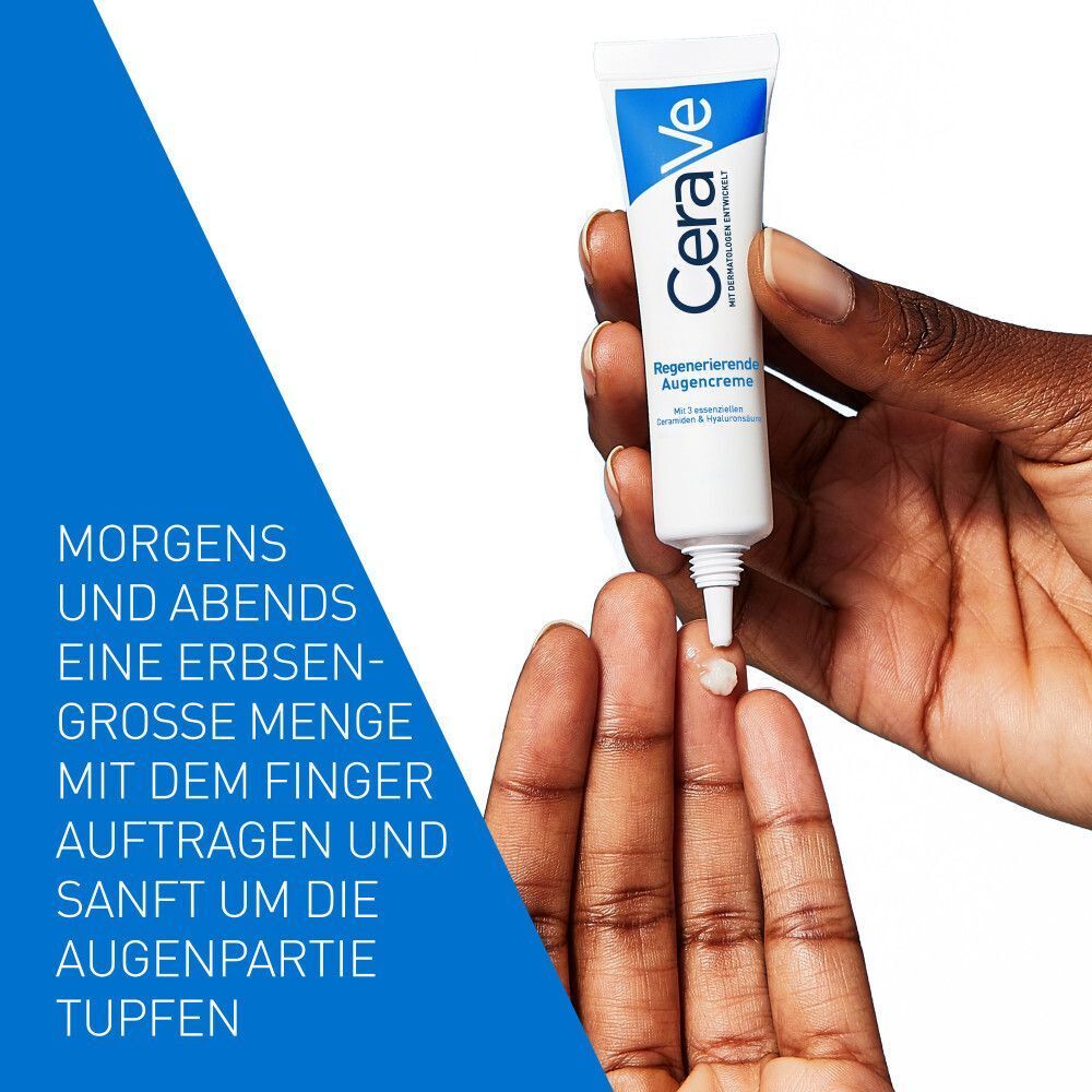 CeraVe Augencreme-Tube, Creme auf Finger. Text: Morgens und abends erbsengroße Menge auftragen. Blau.