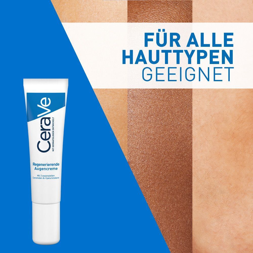 CeraVe Augencreme-Tube und Hautton-Beispiele. Text: Für alle Hauttypen geeignet. Weiß-blaues Design.