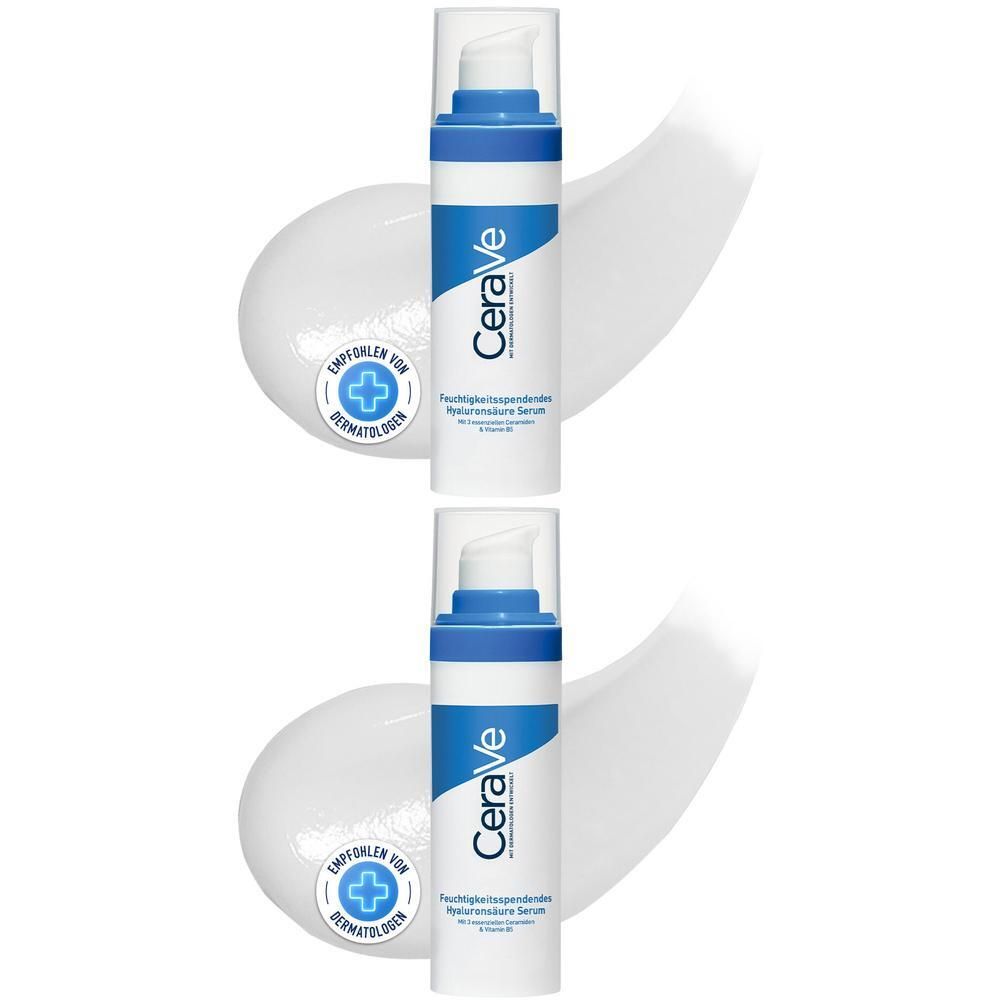 Zwei Flaschen CeraVe Hyaluronsäure Serum. Weiße Flaschen mit blauem Deckel und Logo. Empfohlen von Dermatologen.