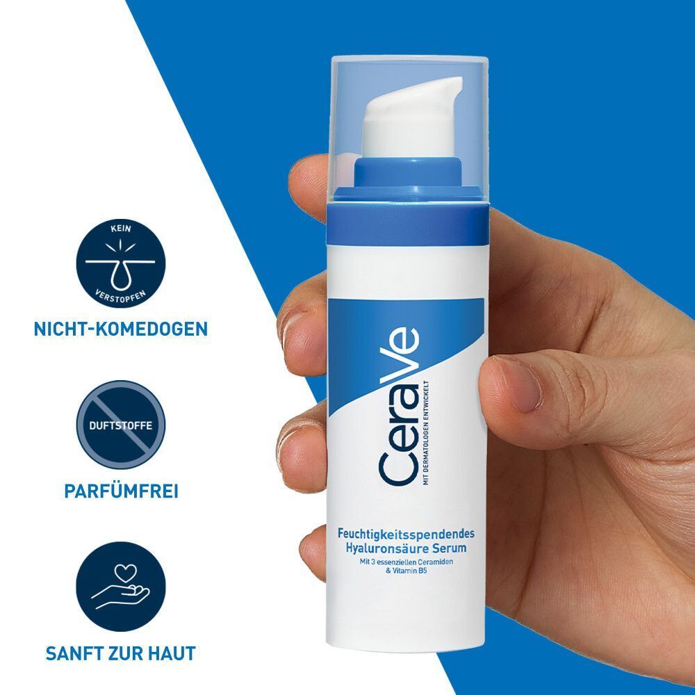 CeraVe Hyaluronsäure Serum. Weiße Flasche mit blauem Deckel. Nicht-komedogen, parfümfrei, sanft zur Haut.