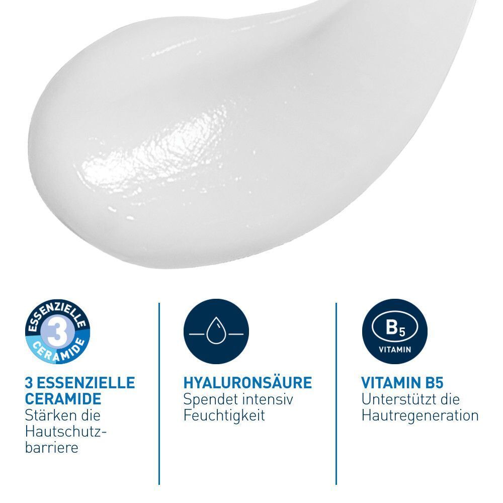 Nahaufnahme einer weißen Creme. Text: 3 essenzielle Ceramide, Hyaluronsäure, Vitamin B5.