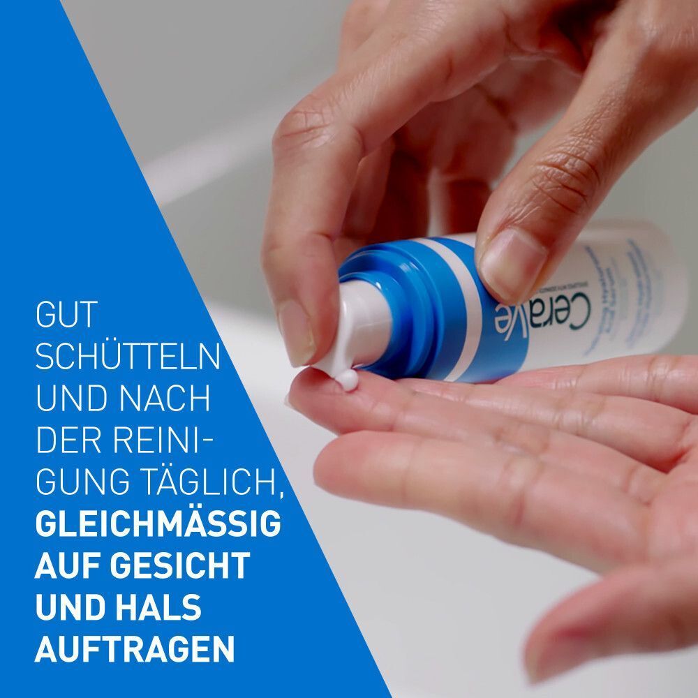 Hände halten CeraVe Serum. Anweisungen: Gut schütteln, nach Reinigung täglich auf Gesicht und Hals auftragen.