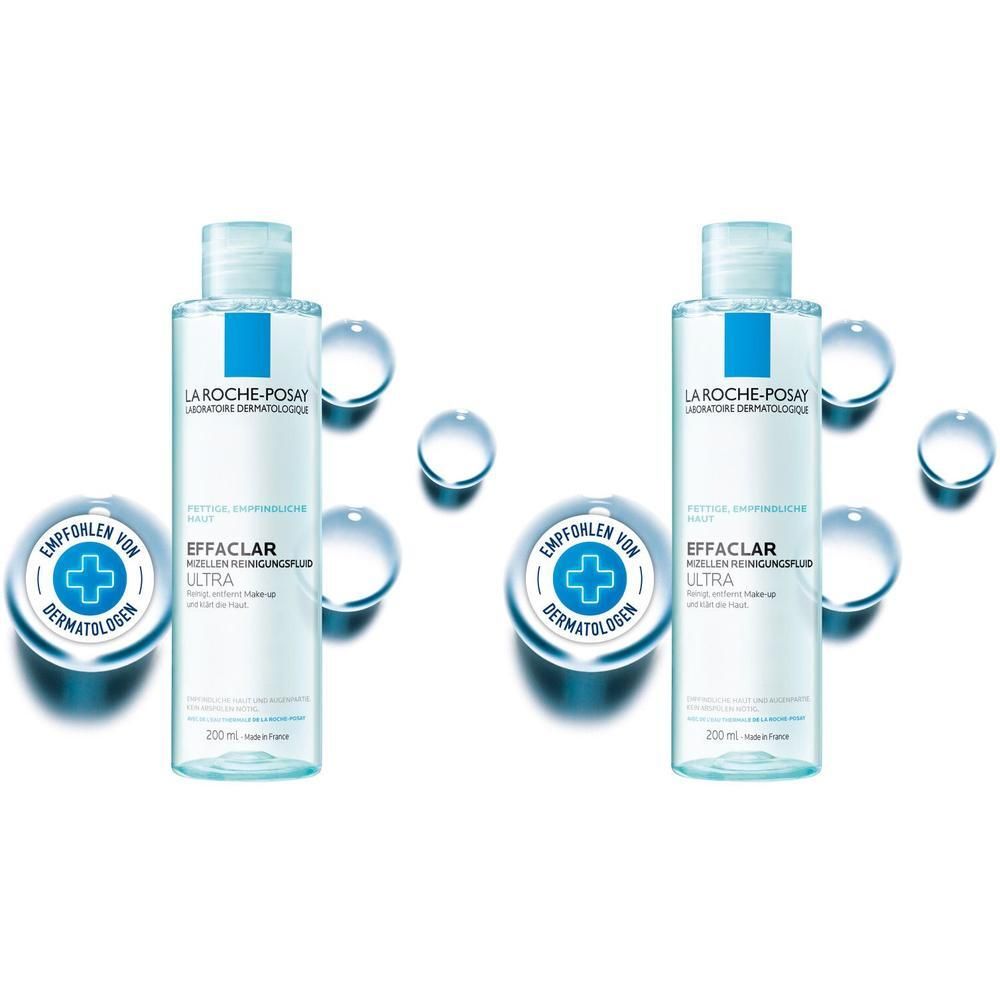 Zwei Flaschen mit blauem Etikett und weißem Deckel. Aufschrift: EFFACLAR. Empfohlen von Dermatologen. Blaue Kugeln im Hintergrund.