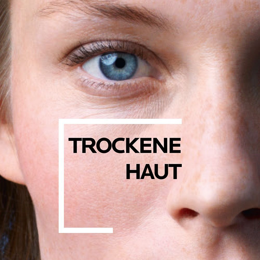 Nahaufnahme eines Gesichts. Text: Trockene Haut. Quadratische Markierung.