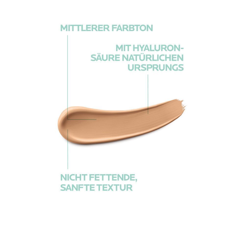 Farbstrich mit Text: Mittlerer Farbton, mit Hyaluronsäure, nicht fettende Textur.