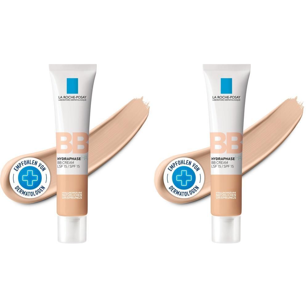 Zwei Tuben BB Creme, hell. Mit Farbklecks. Marke La Roche-Posay. Mit SPF 15. Empfohlen von Dermatologen.