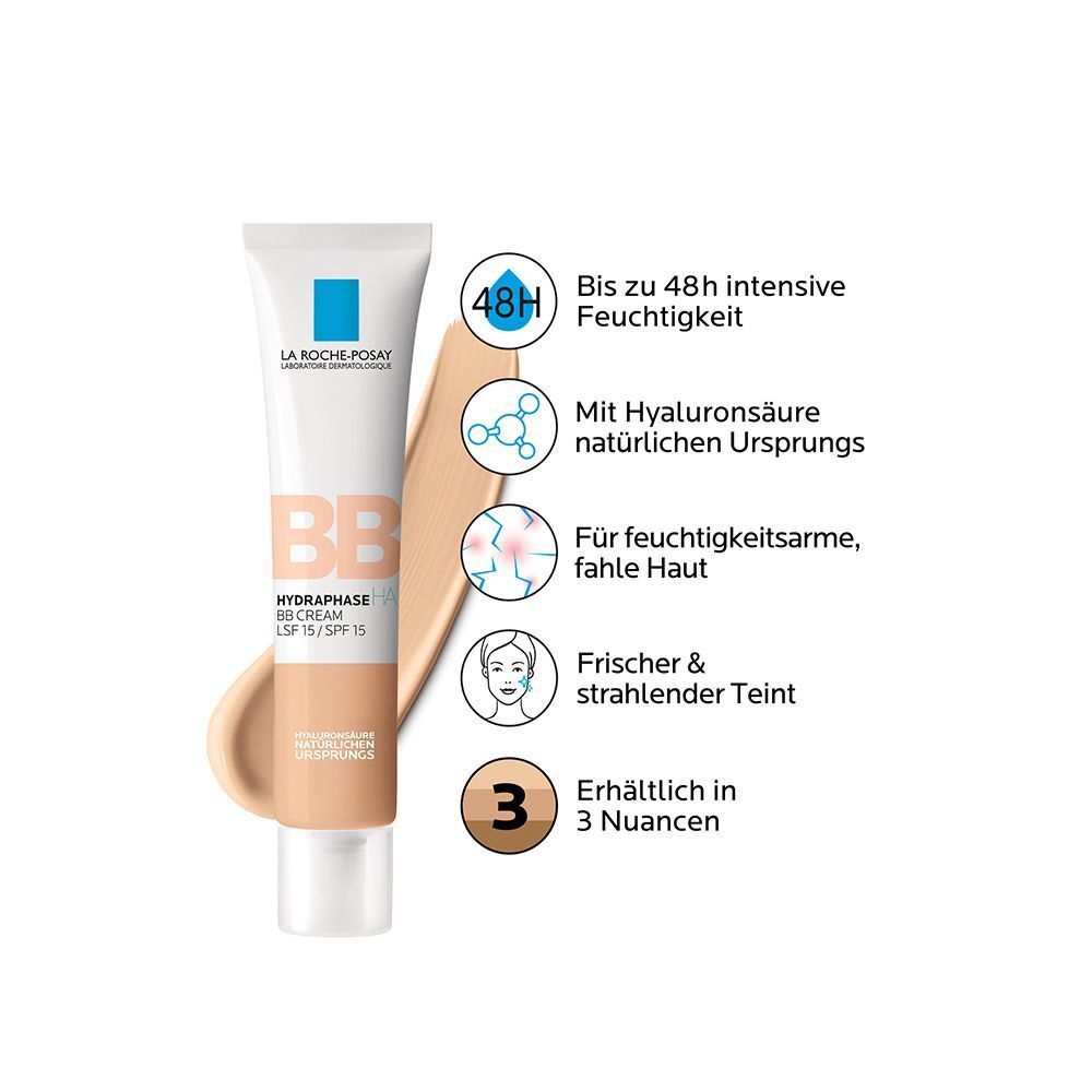 Tube BB Creme, hell. Text: Bis zu 48h Feuchtigkeit, mit Hyaluronsäure, für feuchtigkeitsarme Haut. Erhältlich in 3 Nuancen.