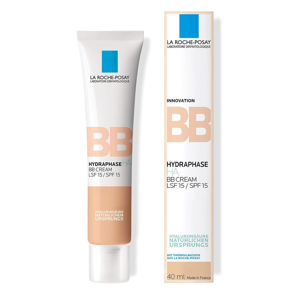 Tube und Verpackung der BB Creme. Text: Hydraphase HA BB Cream LSF 15/SPF 15. 40 ml.